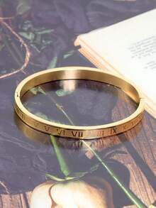 18K Gold Plated Stainless Steel Floral Bangle Bracelet, Suitable For Women's Daily Wear, Classic Flower And Roman Numeral Rivet Design, Waterproof, European And American Style, Casual, Wedding, Party, Valentine's Day Gift - Multicolor - View 18