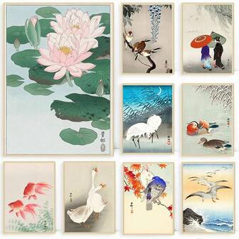 1 pieza / 3 PIEZAS Artes de pared pósteres con opción de marco Arte de pared japonés vintage de Ohara Koson Ukiyo Pintura en lienzo con peces dorados, loto, búho y grulla para decoración de habitación de invitados, bar en casa, cafetería
