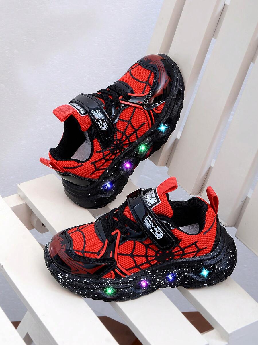 1 Pair Fashionable LED Luminous Spider Web Breathable Sports Shoes, Suitable For Boys And Girls - Casual, Shock-Absorbing, All-Season Anti-Slip Outdoor Running And Walking Shoes - 紅色 - 查看 1