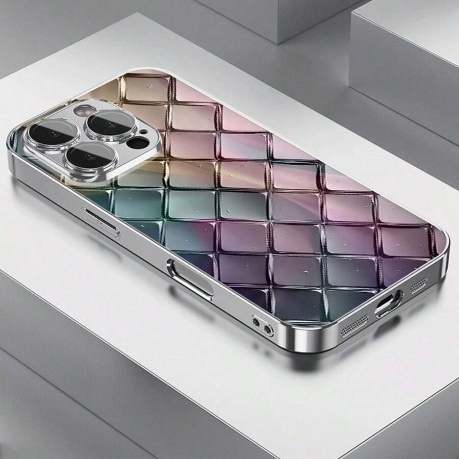 Argyle Pattern 1pc Rhombus Pattern Tempered Glass Phone Case, Elegant & Premium, Compatible With IPhone - Silver - View 1