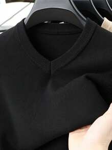 Men's Solid Color V-Neck Long Sleeve Sweater, Casual & Comfortable Base Layer Top, Spring/Autumn
