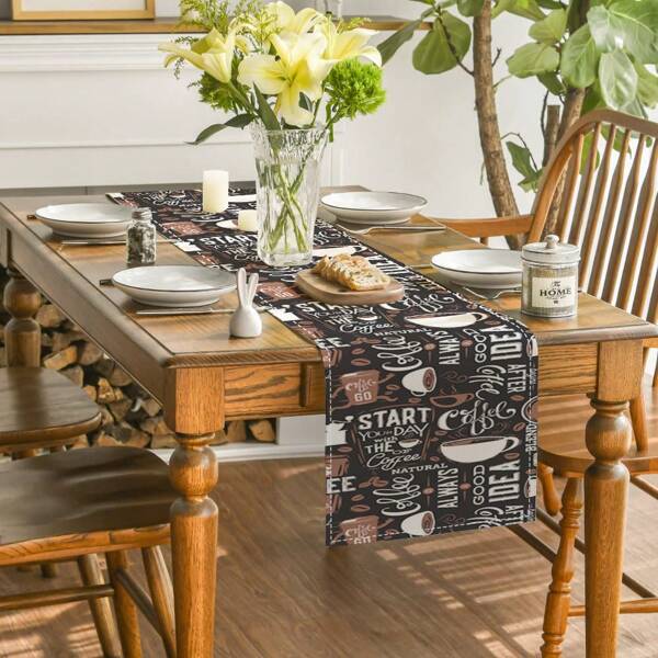 1pc Fashionable & Minimalist Coffee Print Linen Table Cloth/Flag, Suitable For Home Dining Room, Indoor Decor On Rectangular Tables, Kitchen Cabinets, TV Stands. Romantic Wedding, Outdoor Party And Holiday Table Decoration, Heat-Resistant And Washable.