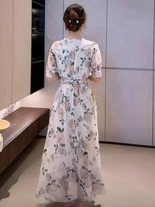 Vestidos Largos Elegantes Dama De Manga Corta de Floral De Cruzado Con Cuello En V,  Vestidos De Fiesta Largos Dama De Moda De Versátil Estampado Romántico,  Vestido Largo Dama De Gasa De Manga Corta Con Aberturas De Vacaciones De Ocio - Blanco - Ver 4