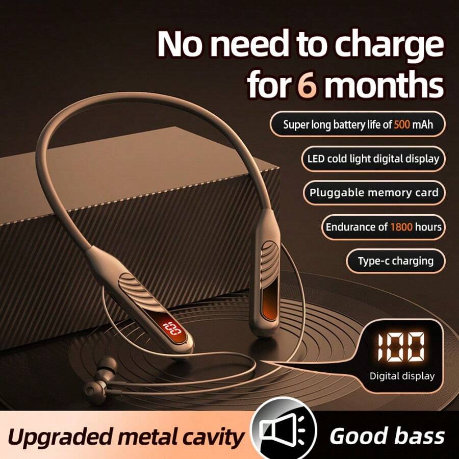 VLDCO [Super Long Battery Life]Wireless Earphones Sports Headphones Neck Hanging Card Insertion Digital Display Noise-Proof Headset With Mic HiFi Stereo Music Deep Bass Type-C Earbuds