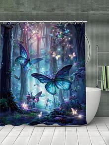 4PCS Forest Butterfly Pattern Shower Curtain Set. It Includes A Waterproof Shower Curtain For Bathtub Partition, A Waterproof Bathroom Partition Curtain With 12 Hooks, A Non-Slip Bathroom Mat, A Toilet U-Shaped Pad, And A Toilet Lid Cover Pad. This Is A Set Of Decorative Bathroom Supplies. Room Decor Bathroom Accessories Back To School Fall Decor Bathroom Decor - 彩色 - 查看 2