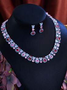 1 Set Luxury Turquoise And Pink Red Cubic Zirconia Chunky Big Wedding Banquet Bridal Party Necklace And Earrings Jewelry Set For Women