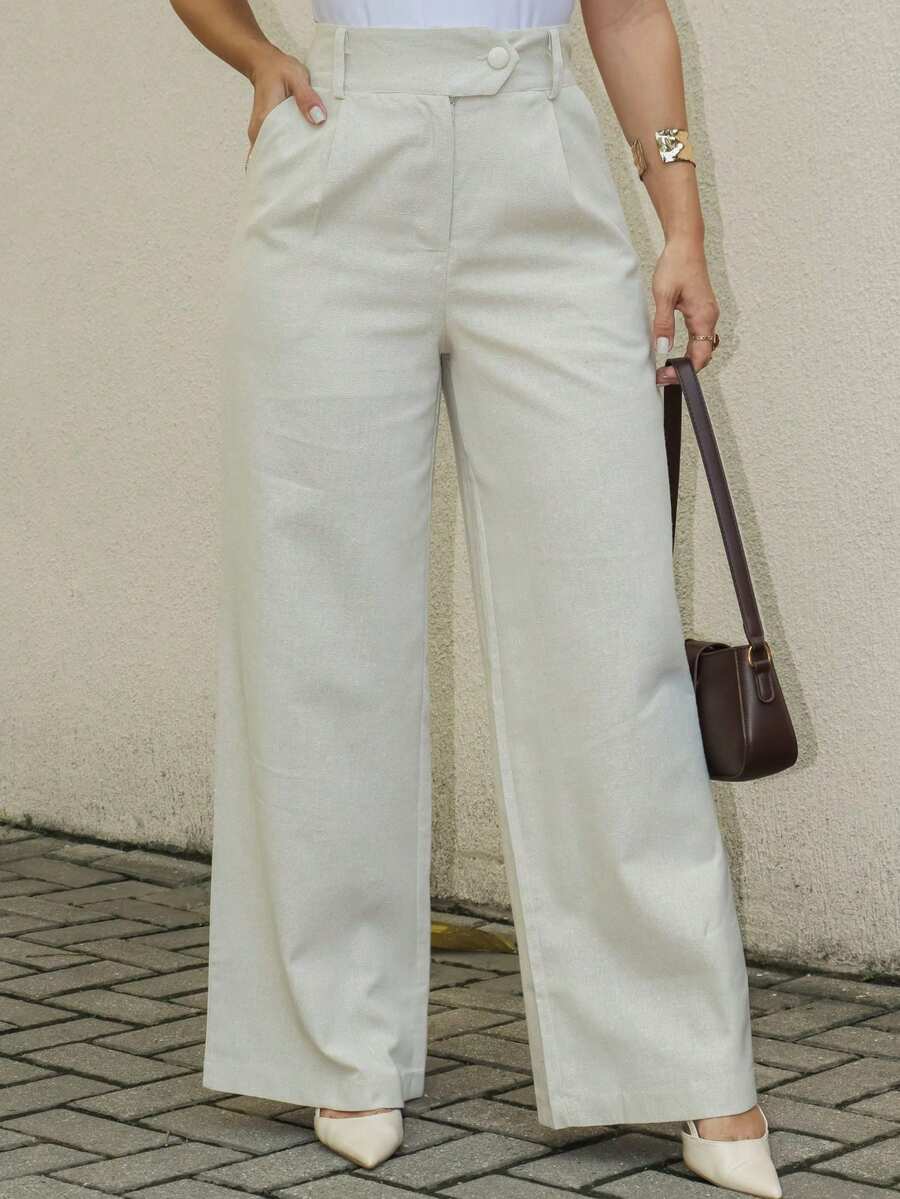 LULU RUNS4 Women's Wide Leg Linen Trousers High Waist With Lining - 米色 - 查看 1