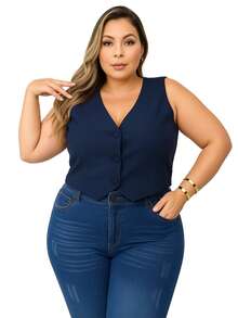 Short Vest Plus Size Tailored Women's Lined Social Chic Buttons - Màu xanh hải quân - Xem 1