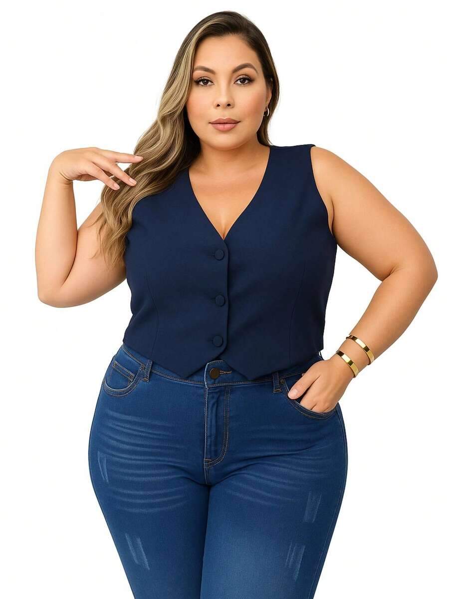 Short Vest Plus Size Tailored Women's Lined Social Chic Buttons - Màu xanh hải quân - Xem 1