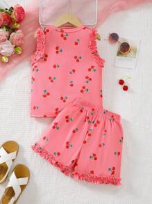 2pcs Summer Sleeveless Set Young Girl Cute Fruit Pattern Tank And Outdoor Summer Outfit