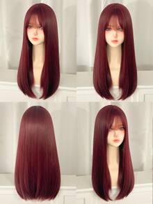 1 Piece Of Wine Red Synthetic Heat-Resistant Straight Hair, 22 Inches Long, Made Of Fiber, Suitable For Daily Use, Natural And Realistic Wig. - Burgundy - View 8
