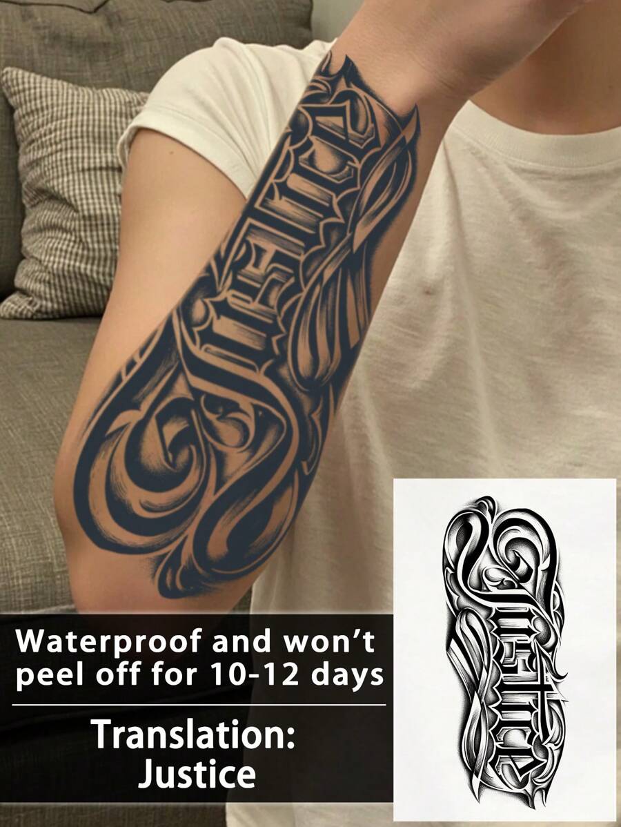 1 pieza Tatuaje temporal al estilo occidental inglés, tatuaje semipermanente, a prueba de agua y sudor, dura de 1 a 2 semanas, realista, con jugo de hierbas, anti-fricción, sin reflejo, falso negro, tatuajes falsos para mujeres y hombres, pegatinas de tatuaje para brazo, pecho, pierna, abdomen, cintura, dedo, cuello, espalda, arte corporal modernista