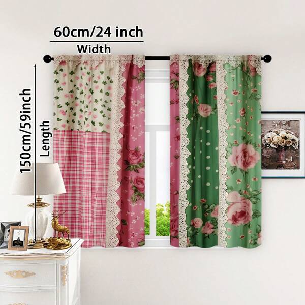 2 stuks vintage gordijnen met bloemen- en ruitpatroon - elegante polyester gordijnen, geschikt voor slaapkamer, woonkamer, woondecoratie - semi-transparant, machinewasbaar, roedezakontwerp (groen, roze, wit), gordijnen voor woonkamer