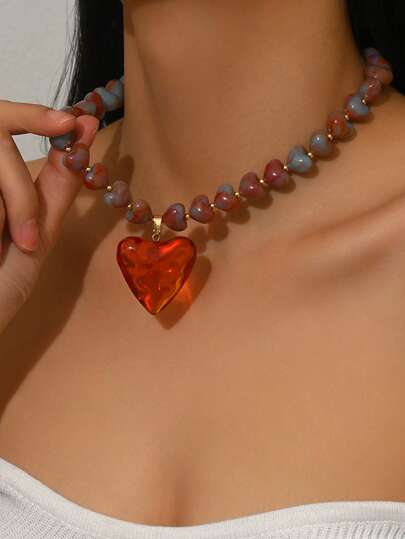 1pc Elegant Fashion Personalized Gold Heart, Orange Red Resin 3D Heart Pendant Necklace, French Drip Oil, Gold Chain, Asymmetrical Beaded Styles, Quality Necklace For Women, Suitable For Daily Wear, Vacation, Party, Matching Sexy Outfits. Please Understand That Each Resin Pendant Has An Injection Molding Gate At The Bottom.