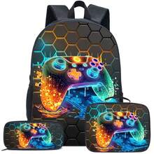 3件套游戏主题背包套装（黑色/荧光色/彩色），包含手提包、铅笔盒和收纳袋 - 耐用涤纶材质，轻便时尚，混色设计 - 彩色 - 查看 2