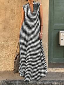 Women Plaid Collar Sleeveless Dress