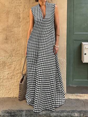 女士格子领无袖连衣裙