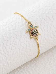 1pc European And American Personalized Fashionable Sea Turtle Design Cz Micro-Inlaid Turtle Decor Retractable Bracelet For Daily Wear - Turtle Bracelet - View 5