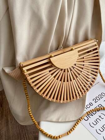 时尚半月形木质单肩斜挎包女士竹编夏季沙滩草编包藤编小手机钱包迷你包