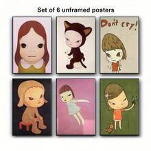 6 件奈良美智动漫海报 - 无框墙面艺术，8x12 英寸，生动的卡通人物，适合客厅、卧室、办公室装饰、卧室墙面装饰 | 俏皮设计 | 墨水印刷品质，动漫房间装饰