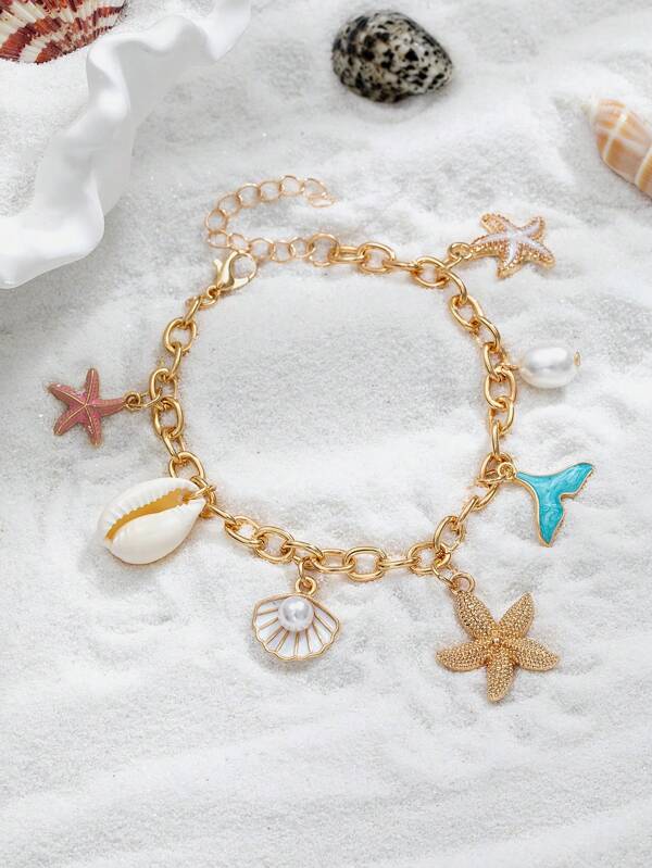 1pc 18K Gold Plated Alloy Starfish, Shell, Mermaid Pendant Bracelet, Suitable For Daily And Vacation Wear