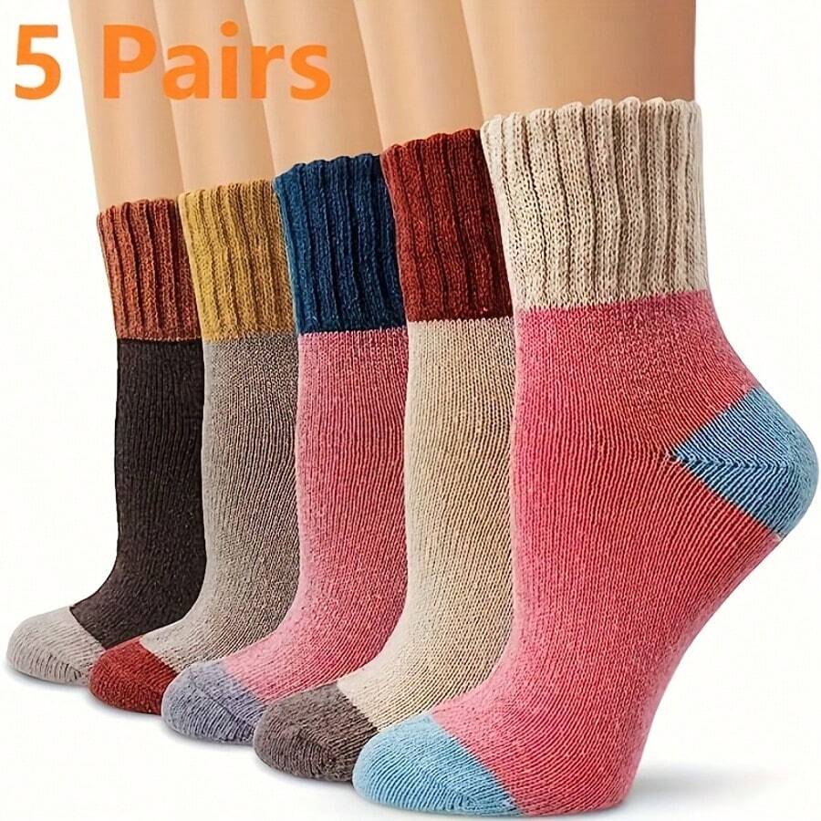 5 Pairs Of Women's Thickened Soft Warm Knitted Casual Socks For Hiking And Skiing Outdoor Socks - 5雙-混合色 - 查看 1