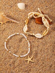 1 Set Of 2 Pcs Summer Starfish & Shell Woven Anklets, Fashionable European & American Ocean Beach Style - one-size - View 6