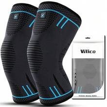 Vilico 1 件黑色、蓝色和红色压缩运动护膝，弹性压缩，轻便透气，内置防滑条，适合男性和女性健身、跑步、举重、排球、篮球、羽毛球、滑雪、骑自行车、登山、攀岩、舞蹈、户外运动护膝健身房配件膝盖支撑运动护膝健身房护膝 - 彩色 - 查看 1