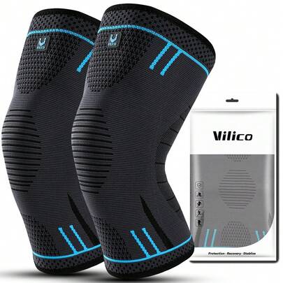 Vilico 1 件黑色、蓝色和红色压缩运动护膝，弹性压缩，轻便透气，内置防滑条，适合男性和女性健身、跑步、举重、排球、篮球、羽毛球、滑雪、骑自行车、登山、攀岩、舞蹈、户外运动护膝健身房配件膝盖支撑运动护膝健身房护膝