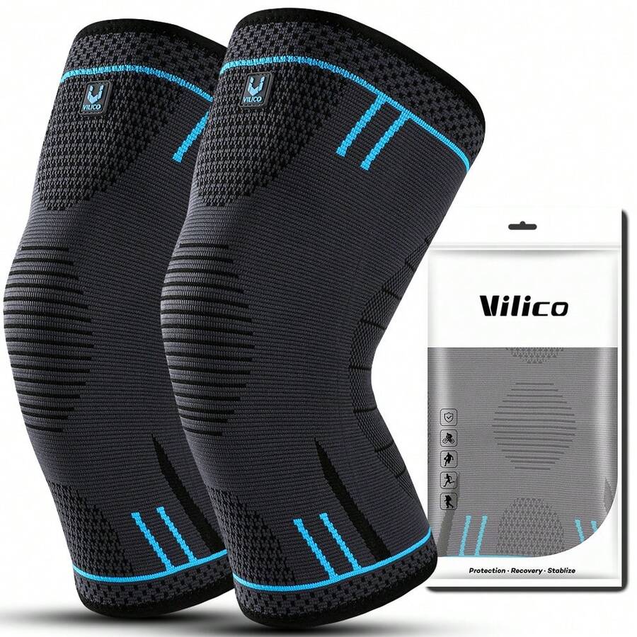 Vilico 1 件黑色、蓝色和红色压缩运动护膝,弹性压缩,轻便透气,内置防滑条,适合男性和女性健身、跑步、举重、排球、篮球、羽毛球、滑雪、骑自行车、登山、攀岩、舞蹈、户外运动护膝健身房配件膝盖支撑运动护膝健身房护膝 - 彩色 - 查看 1