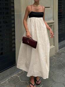 Plus Size Women Loose Fitting Suspender Linen Color Block A-Line Maxi Dress