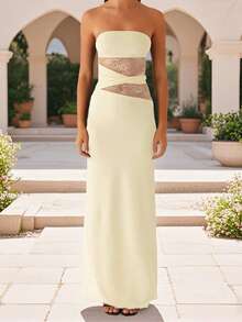 Women's Summer Long Tube Dress Sheer Lace Patchwork Sleeveless Strapless Backless Bodycon Ankle Length Dress - Màu vàng - Xem 4