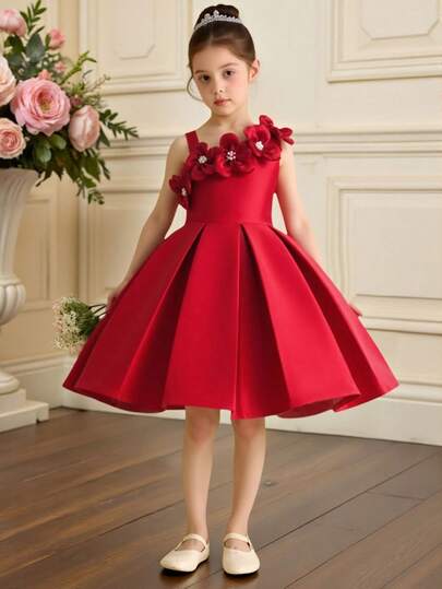 Vestido de satén jacquard floral elegante para recitales de baile para niñas pequeñas, adecuado para actuaciones, fiestas de cumpleaños, vacaciones, sin accesorios para el cabello