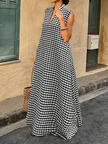 Women Plaid Collar Sleeveless Dress