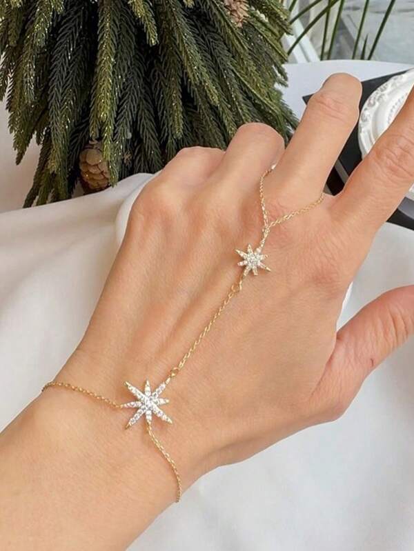 One Piece J-Fashion Rhinestone Star Bracelet Hand Chain Jewelry Charm Finger Bracelet Rings For Women