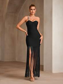 Bernatova 性感斜挎肩带奢华钻石紧身鸡尾酒会礼服，中长款名人晚会礼服，带流苏细节，适合婚礼宾客、返校节、节日、生日、晚宴 - 黑色 - 查看 8