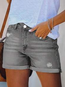 Cross-Border American Street Style New Summer Versatile Vacation Style Loose Simple Casual Hem Worn Solid Color Washed Women's Jeans - Light Grey - View 3