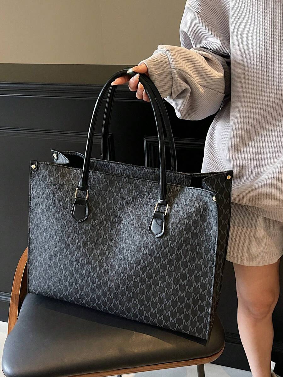 Túi Tote Đeo Vai In Chữ Cổ Điển Dung Tích Lớn, Thích Hợp Cho Phụ Nữ, Sinh Viên Đại Học Đi Mua Sắm, Đi Làm, Quay Lại Trường Học Và Sử Dụng Hàng Ngày - màu đen - Xem 1