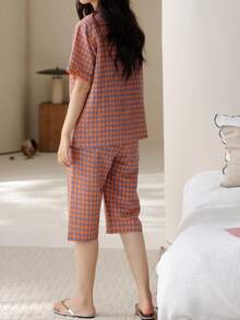 2pcs/Set Women's Pajamas Loungewear, Open Front Lace Patchwork Plaid Print Short Sleeve Top, 3/4 Length Pants With Ruffle Hem, Comfortable For Home Wear - Coral Orange - View 2