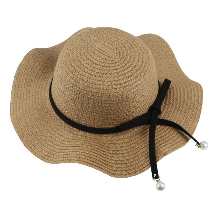 Children's Beach Straw Hat With Bow And Pearl Girl - Màu kaki - Xem 1
