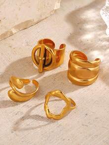 Set di 4 pezzi di anelli ovali in acciaio inossidabile placcati in oro 18K con linee geometriche spesse, adatti per l'uso quotidiano delle donne, gioielli di grandi dimensioni - Oro giallo - Visualizzare 5
