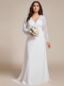 Vestido de novia elegante de talla grande con cuello en V, manga larga transparente, falda de cola de pez con parches de encaje, vestido de novia blanco para fiesta de solteros, novia, para el Día de San Valentín - Blanco - Ver 4