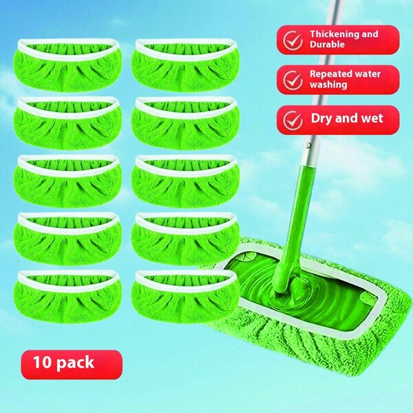 7/10pcs Reusable Mop Pads - , Highly Absorbent, Green With White Trim Polyester Fiber, Designed For Campus Floor Care, Efficient Cleaning Tool, Reusable
