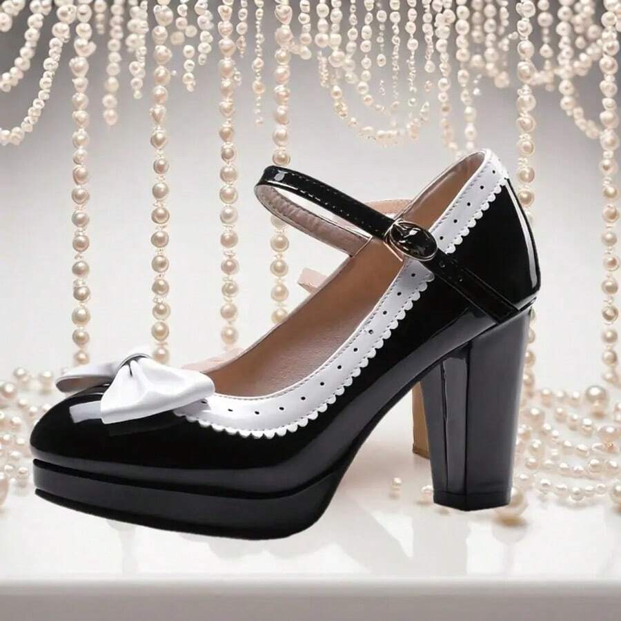 New Party High Heels With Waterproof Platform, Japanese Style High Heels, Lolita Princess Shoes, Sweet And Cute Bow Shoes, Temperament Work Shoes, Dance Studio Specific Non-Sprained High Heels, Waterproof Platform, Comfortable And Fashionable Single Shoes, British And French Carved Color Single Shoes. - 黑色 - 查看 1