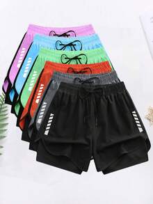 1pc Women's Athletic Shorts For Summer, Lightweight Breathable Drawstring Geometric Print Elastic Waist Sports Shorts For Outdoor Running, Fitness - Black - View 1