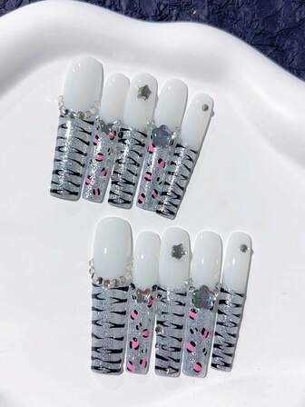 10片Y2K超长棺材形手工美甲贴片，闪粉丰富，银色闪粉，豹纹图案，星星和钻石装饰；DIY美甲贴片，美甲艺术亚克力假指甲；适合节日、派对、日常佩戴；包含1张果冻胶和1个迷你指甲锉。