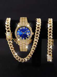 Luxury Alloy Men's Quartz Watch, With Rhinestone Rhinestone Crystal And Date, Paired With A Hip-Hop Cuban Necklace And Bracelet Set