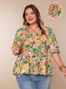 Plus Size Women Casual Floral Print Ruffle Collar Tie Waist 3/4 Lantern Sleeve A-Line Blouse Shirt, For Summer