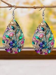 A Pair Of Teardrop-Shaped Gemstone Floral Pattern Acrylic Earrings For Dinner Wear, Banquet Souvenirs, Gifts, Women's Jewelry, Summer