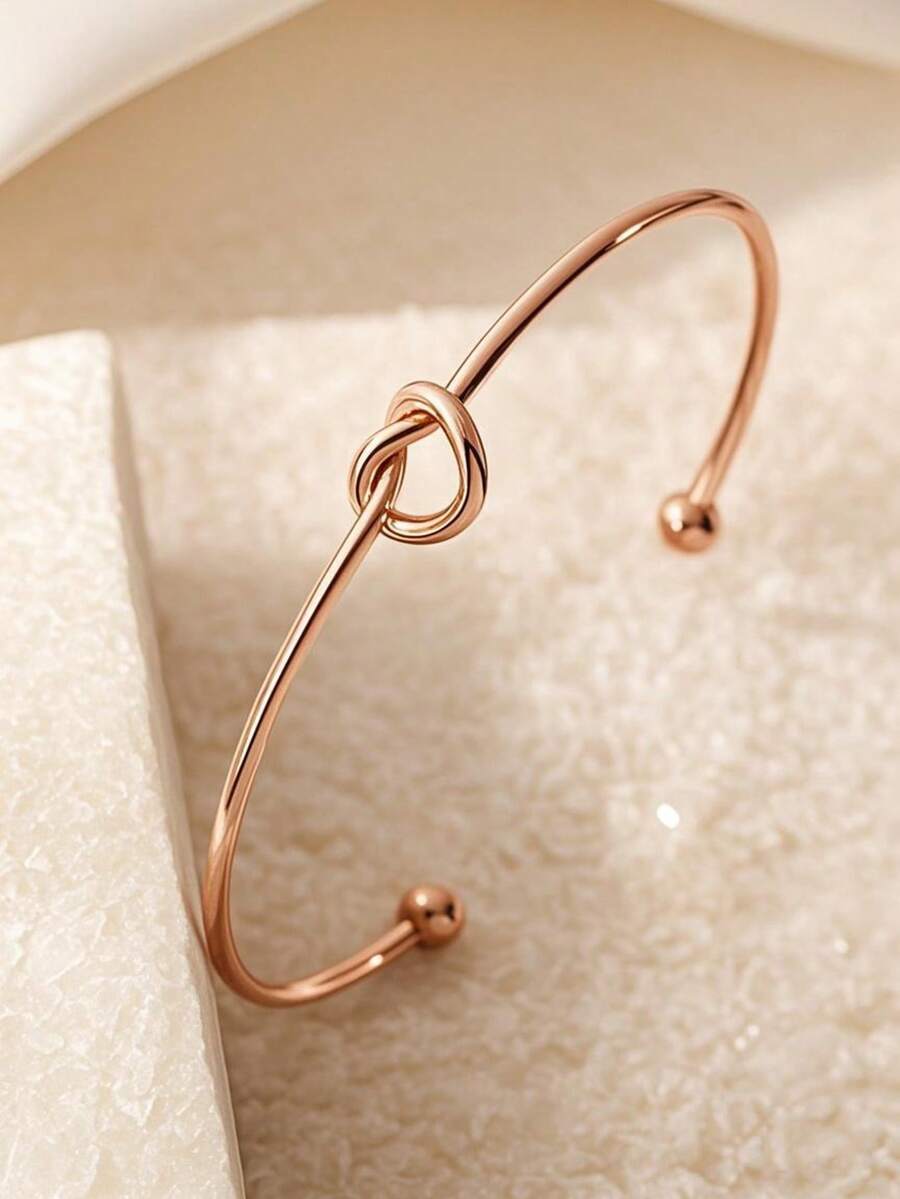 1 件简约时尚优雅玫瑰金扭纹心形可调节手链，适合女性日常佩戴和各种场合